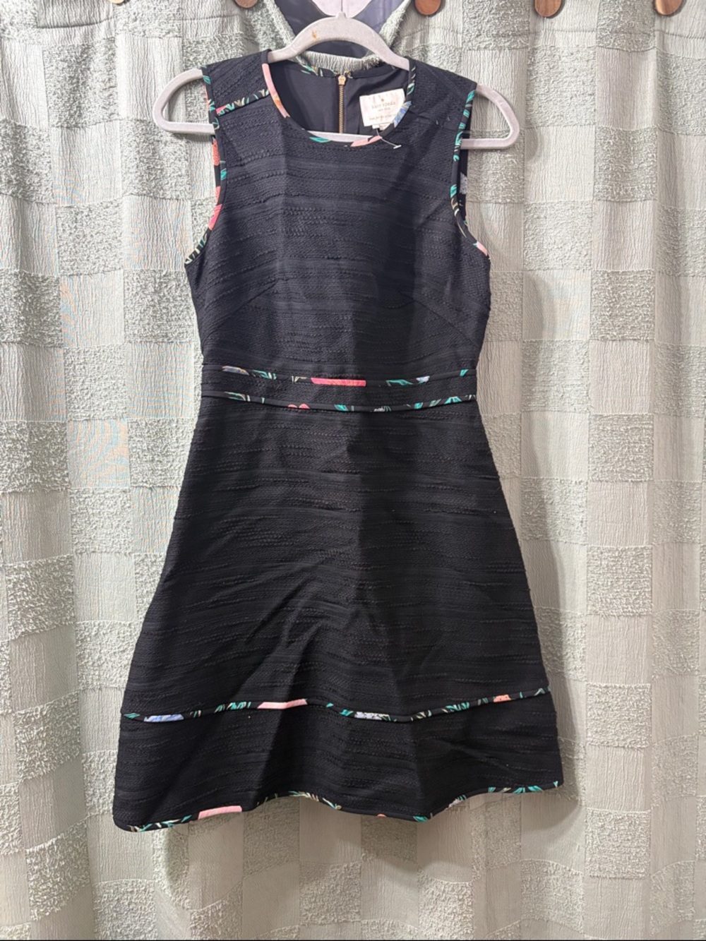kate spade Black Sleeveless A-Line Dress with Floral Trim Accents